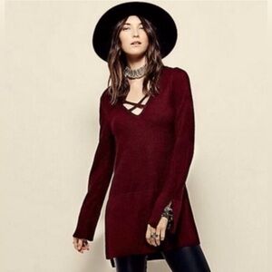 Free People Women’s M Andi Criss Cross Brown Knit Tunic Bohemian Sweater Top